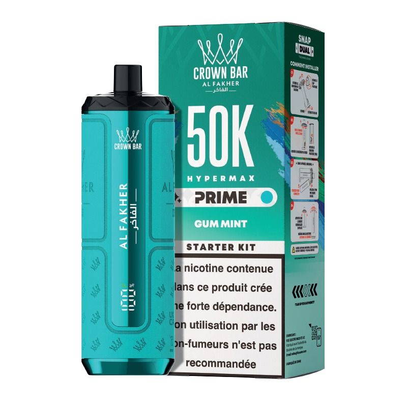 Puff Hypermax Prime 50K Crown Bar Al Fakher (Nicotine : 6 mg - Saveur : Gum Mint)